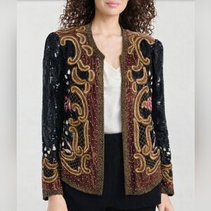 Vintage Laurence Kazar Sequin & Beaded Blazer Silk Evening Jacket M